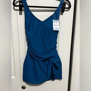 NWT!!!Royal Blue One Piece Swim Dress Tummy Control Tie Skirt V Neck Women